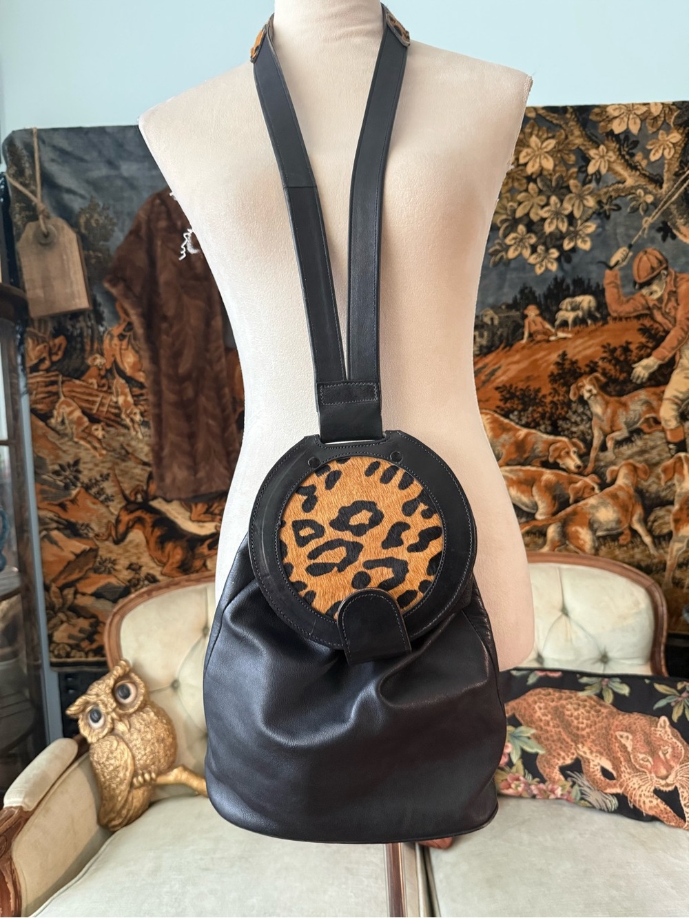 Vintage Maxx New York Black Leather Leopard Cowhide Sling Bucket Bag